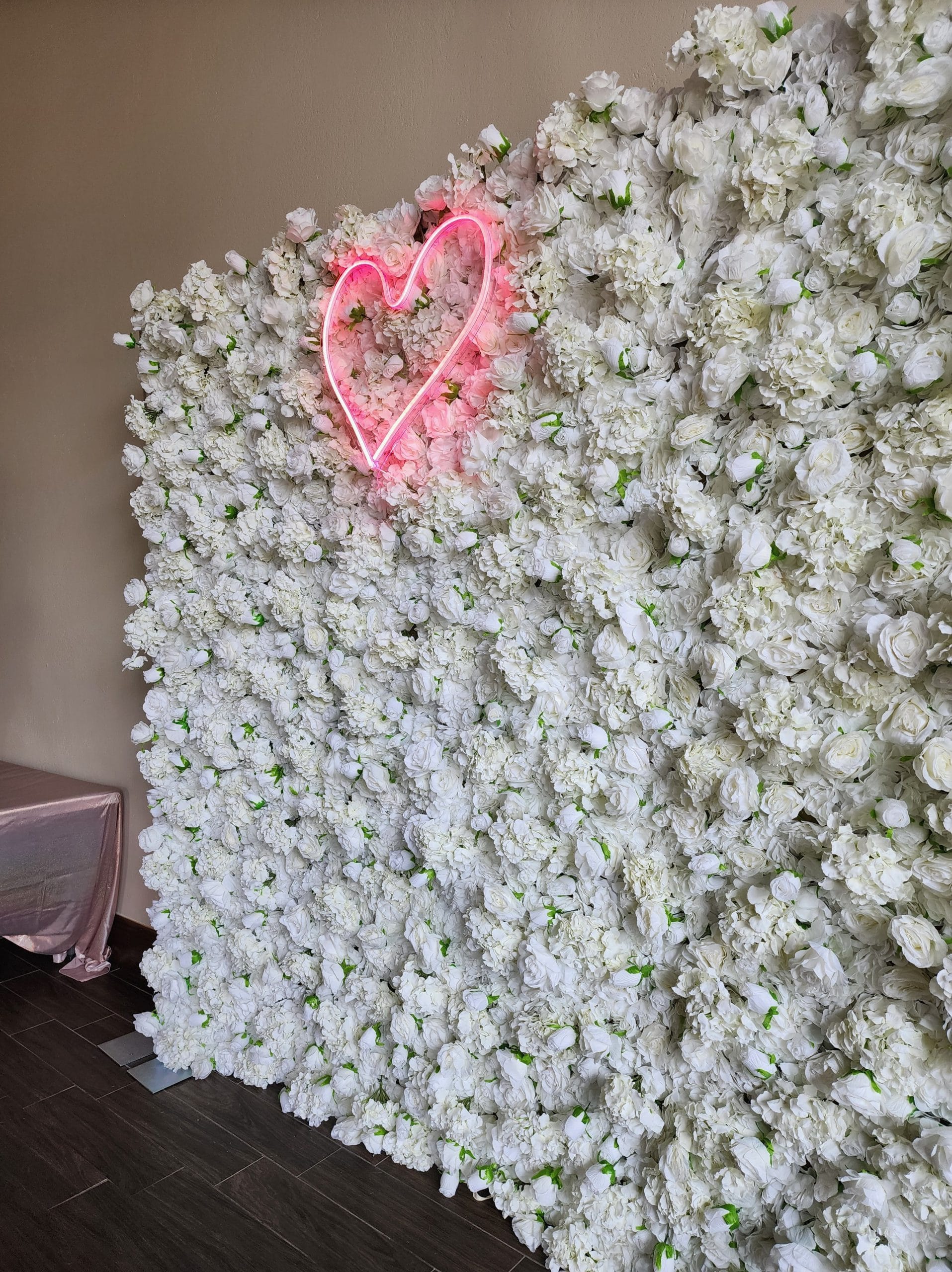 White flower wall rental in Houston for bridal showers