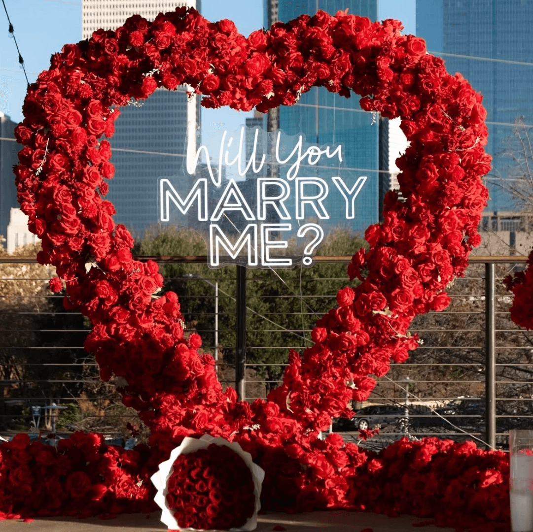 Red floral heart proposal setup