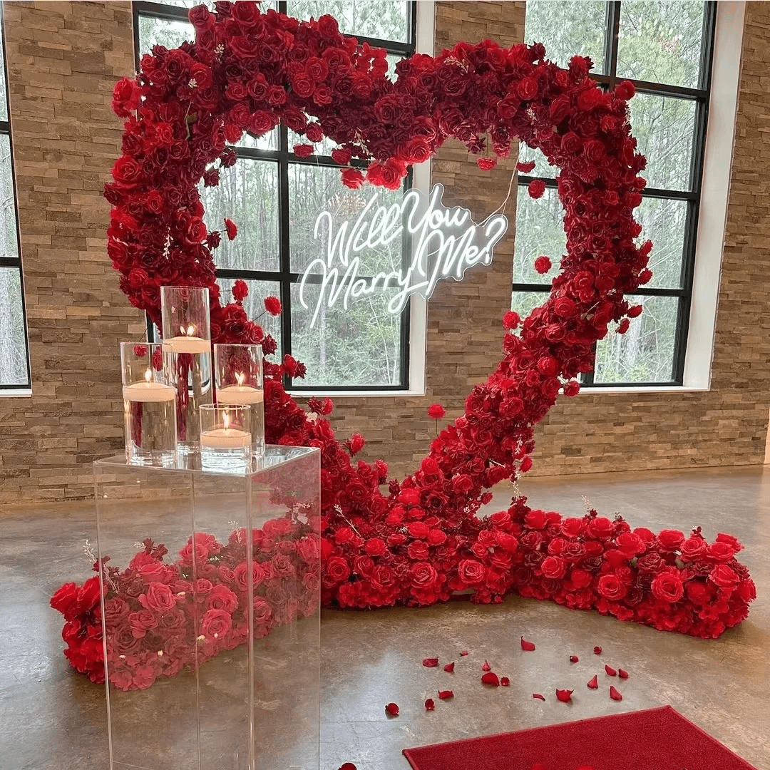 Red floral heart proposal setup in Houston