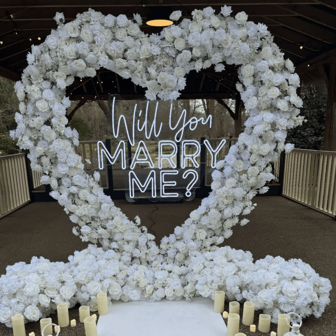 White floral heart proposal setup in Houston