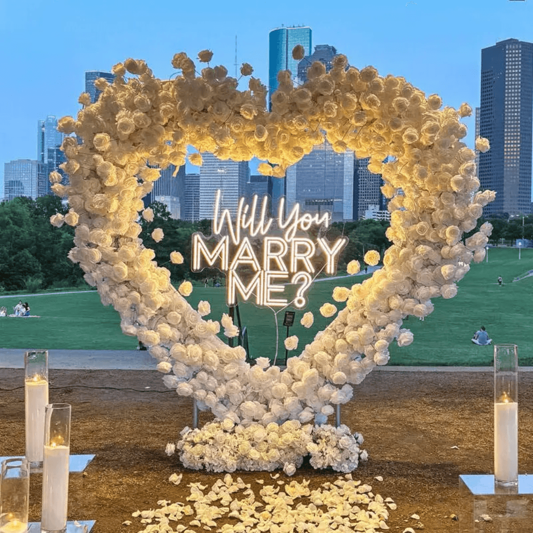 White floral heart proposal setup in Houston