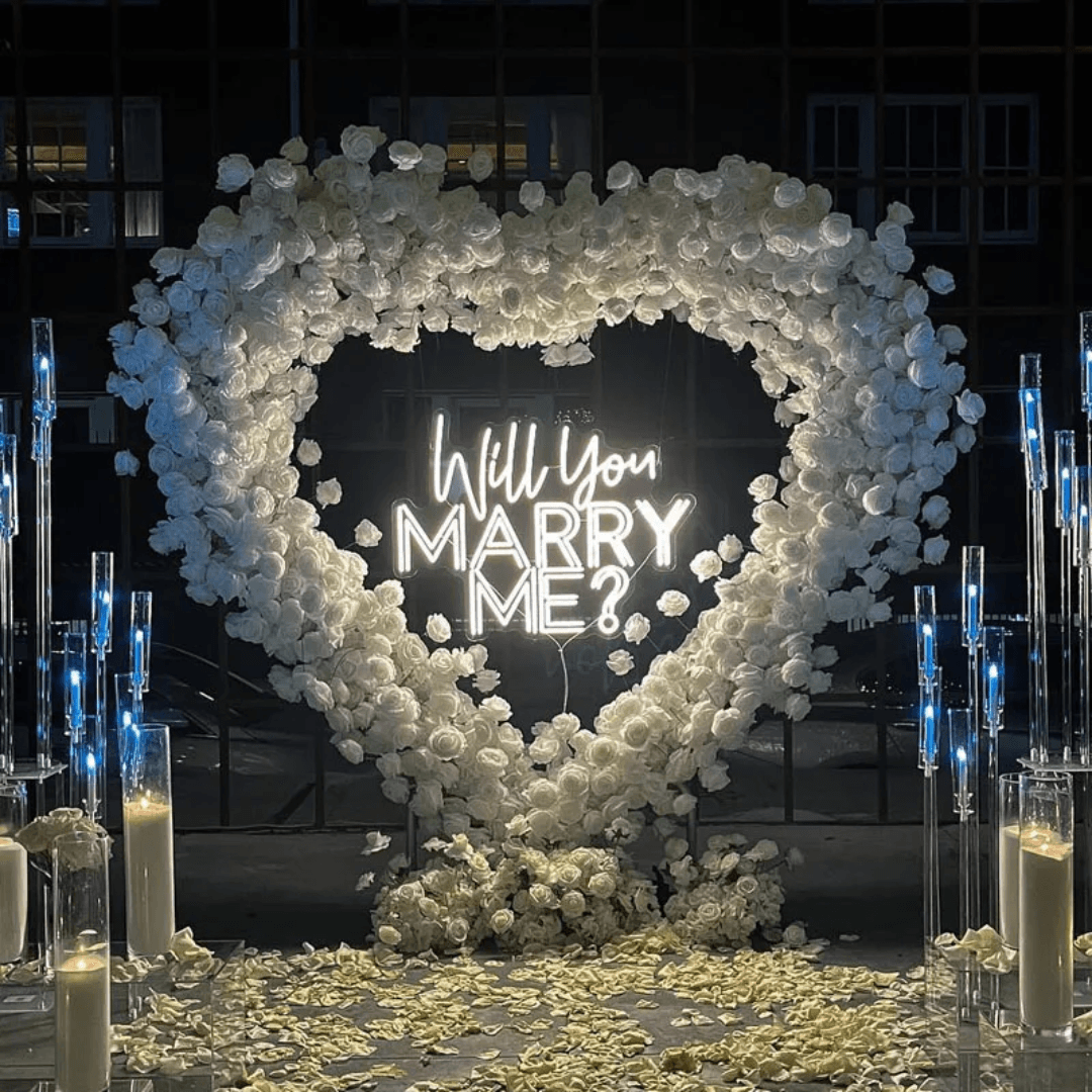 White floral heart proposal setup
