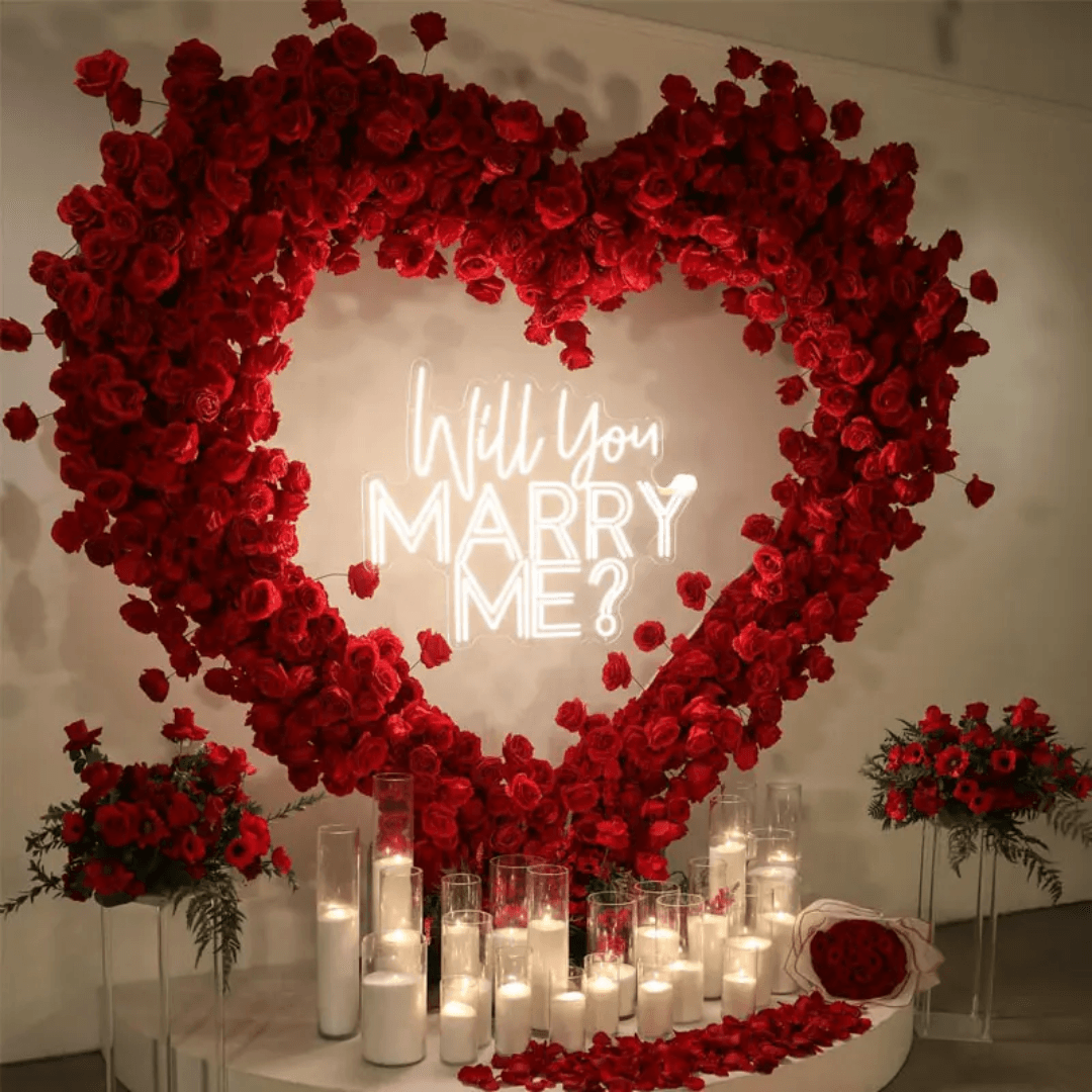 Red floral heart proposal setup in Houston
